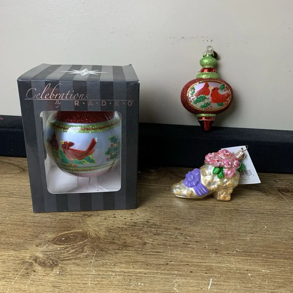 Radko Glass Christmas Ornaments Red Cardinal Holly & Boot Hand Painted
